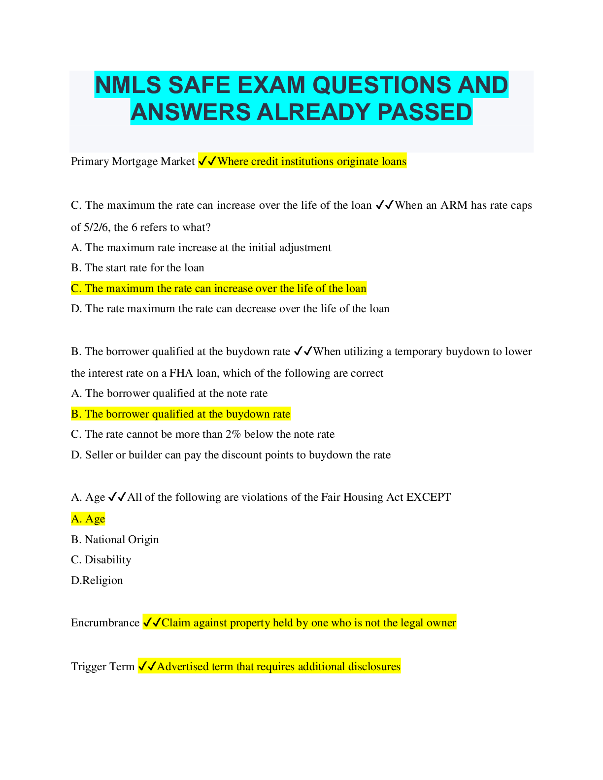 NMLS SAFE EXAM QUESTIONS AND ANSWERS ALREADY PASSED Browsegrades